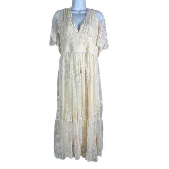 Baltic Born Cream Floral Mesh Lace Midi Maxi  Dress V-Neck Boho Wedding Guest XL - Picture 5 of 16